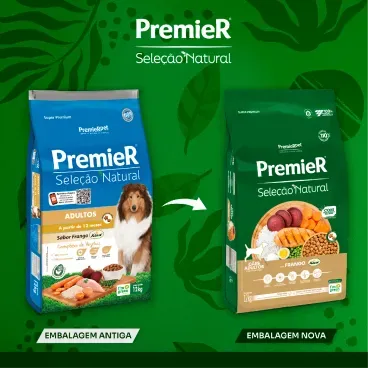 Nova embalagem Racao Premier Selecao Natural Caes Adultos Frango Korin